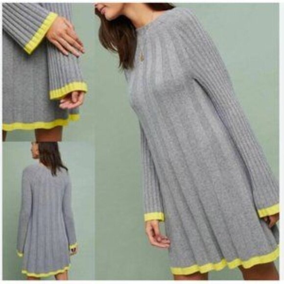 Anthropologie Arseneau Gray & Yellow Ribbed Sweater Dress Wool Alpaca Blend (M) - Picture 1 of 6